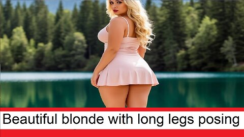 A beautiful blonde with long legs is posing on a lake