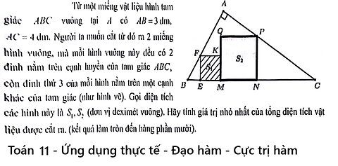 Từ một miếng vật liệu hình tam giác ABC vuông tại A có (AB = 3) dm, (AC = 4) dm