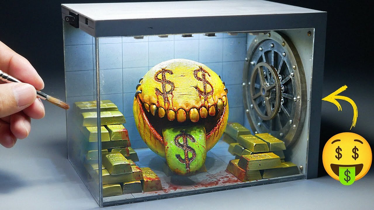 Diorama of realistic MONEY EMOJI in the gold bank