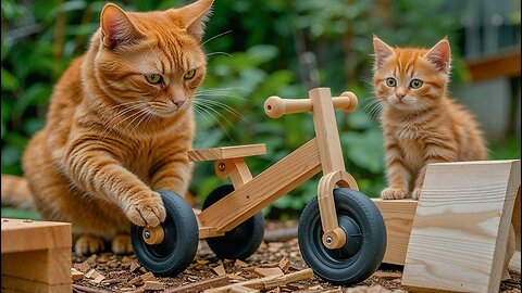 Mama Cat Takes Kittens to Find Wood to Make Wooden Bicycle 🐾🍴