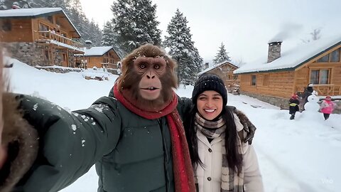 monkey vlogging in snowfall