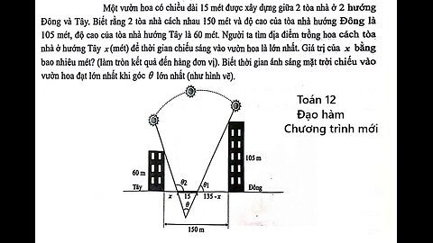 Toán 12: Một vườn hoa có chiều dài 15 mét được xây dựng giữa 2 tòa nhà ở 2 hướng Đông và Tây