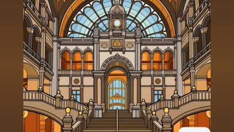 Elegant Architectural Interior with Grand Staircase and Arched Windows
