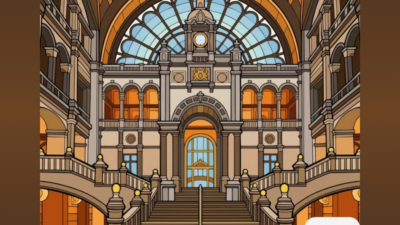 Elegant Architectural Interior with Grand Staircase and Arched Windows