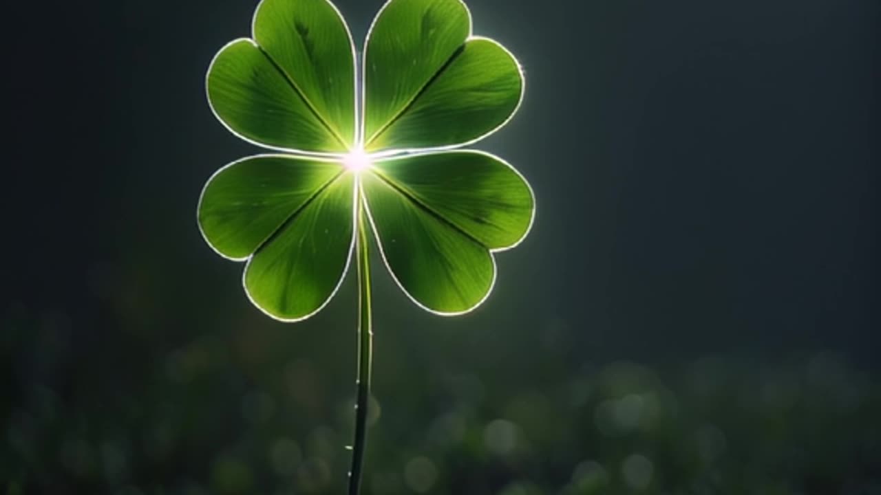 Show a close-up of a four-leaf clover glowing