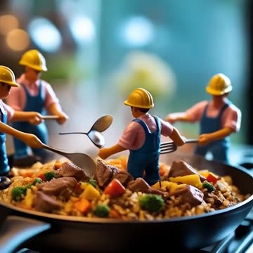 Miniature people of men cooking up a storm in their tiny pan! 🍳👨‍🍳 #MiniChefs #TinyKitchen