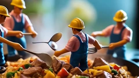 Miniature people of men cooking up a storm in their tiny pan! 🍳👨‍🍳 #MiniChefs #TinyKitchen