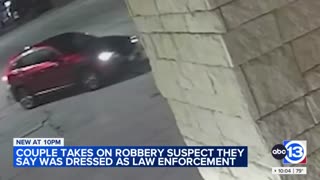 Robbery suspect posing as law enforcement crawls away after being shot by Houston