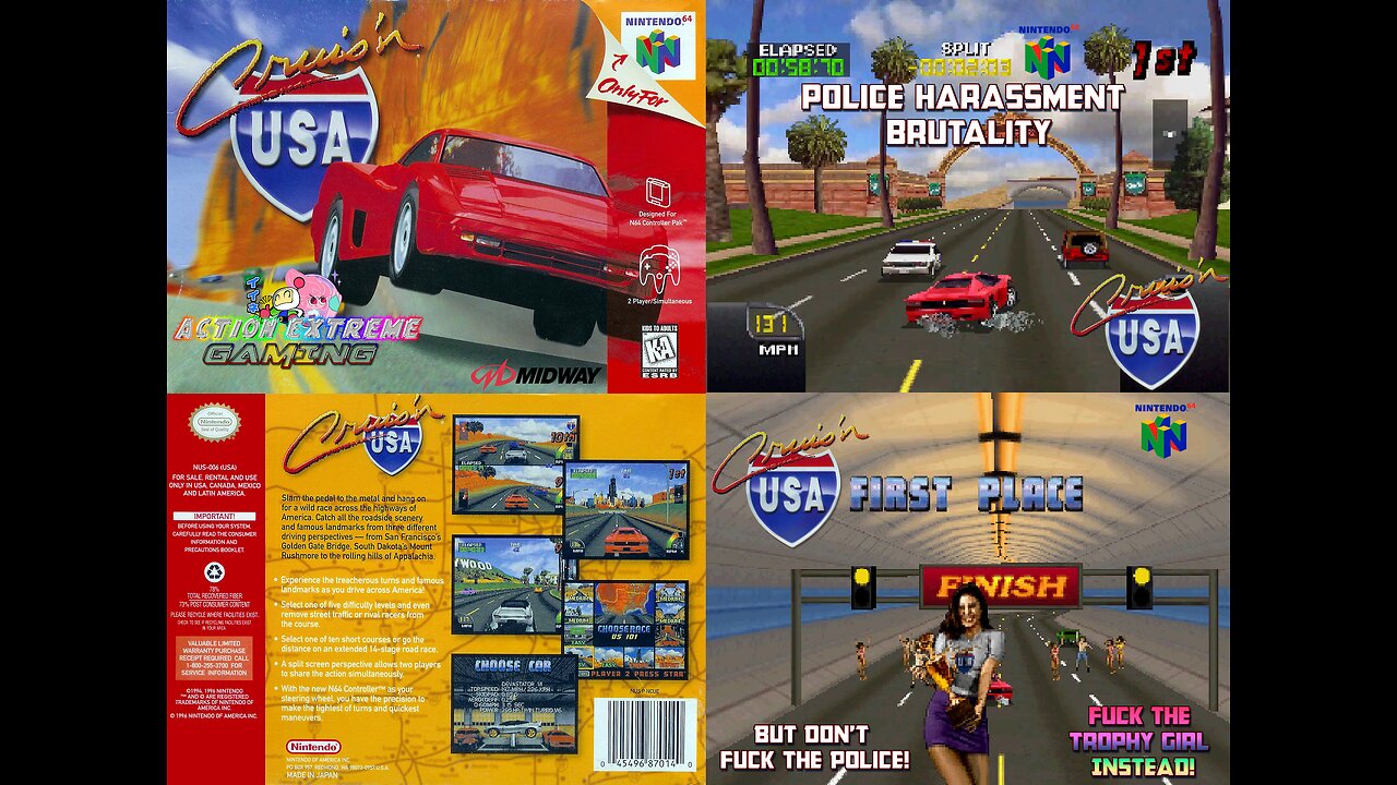 Cruis'n USA (Nintendo 64 Version) Random Gameplay - Beverly Hills Stage [So many unfortionate Car Accidents in this Stage getting busted by the Cops!]
