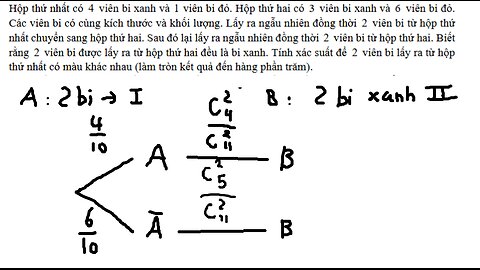 Sở Khánh Hòa: Hộp thứ nhất có 4 viên bi xanh và 1 viên bi đỏ. Hộp thứ hai có 3 viên bi xanh và 6