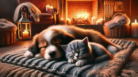 Puppy & Kitten Sleeping by the Fireplace 🐾🔥 | 4H Cozy Ambience for Deep Sleep & Relaxation