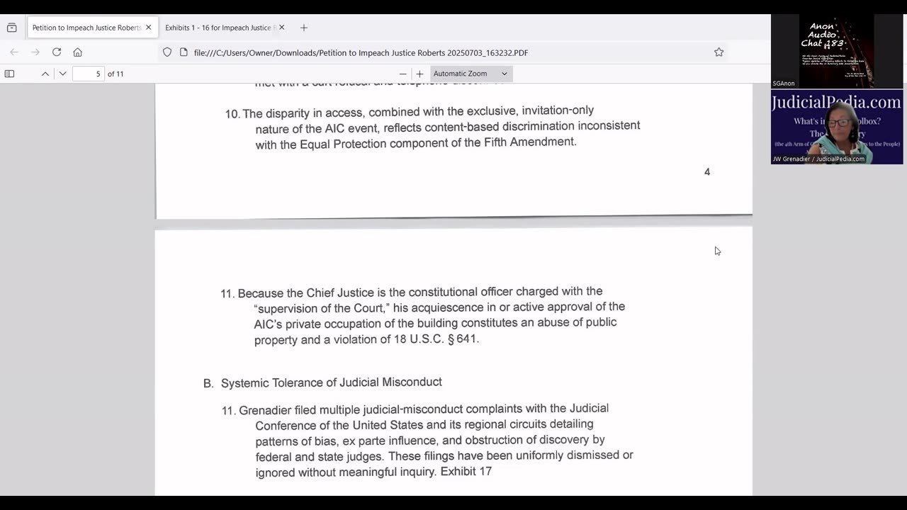 (7/23/2025) | AUDIO CHAT 183-A | SG Sits Down w/ JudicialPedia Founder Janice Grenadier: Petition to Impeach Chief Justice Roberts