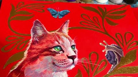 Acrylic painting cat snail surrealism art with Artettina