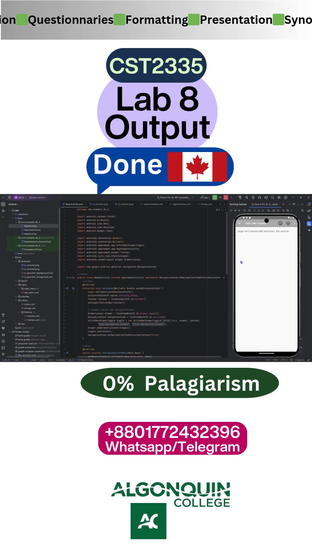 Student Work (lab) | CST2335 Android Lab 8 Output Toolbar and Drawer Output | Algonquin College