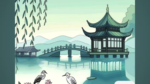 Serene Asian Landscape with Traditional Pavilion and Crane by a Tranquil Lake
