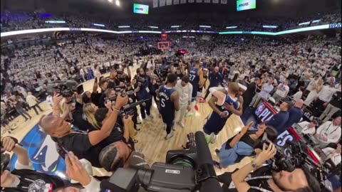 Anthony Edward’s celebrating with his teammates after the Timberwolves beat the warriors