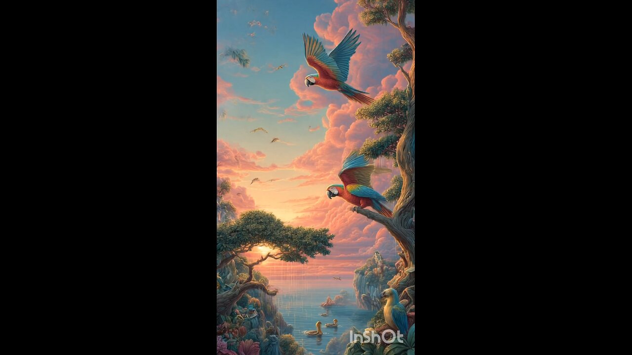 enjoy parrot sitting on the tree with sunrise and rain with ducks and toy ducks