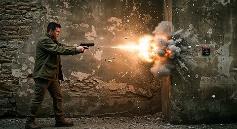 A Man With a Pistol Gun Shooting Alkaline Battery at The Wall Ai video