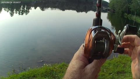 About a 2# bass hooked just while someone in a house behind me blows a trumpet!
