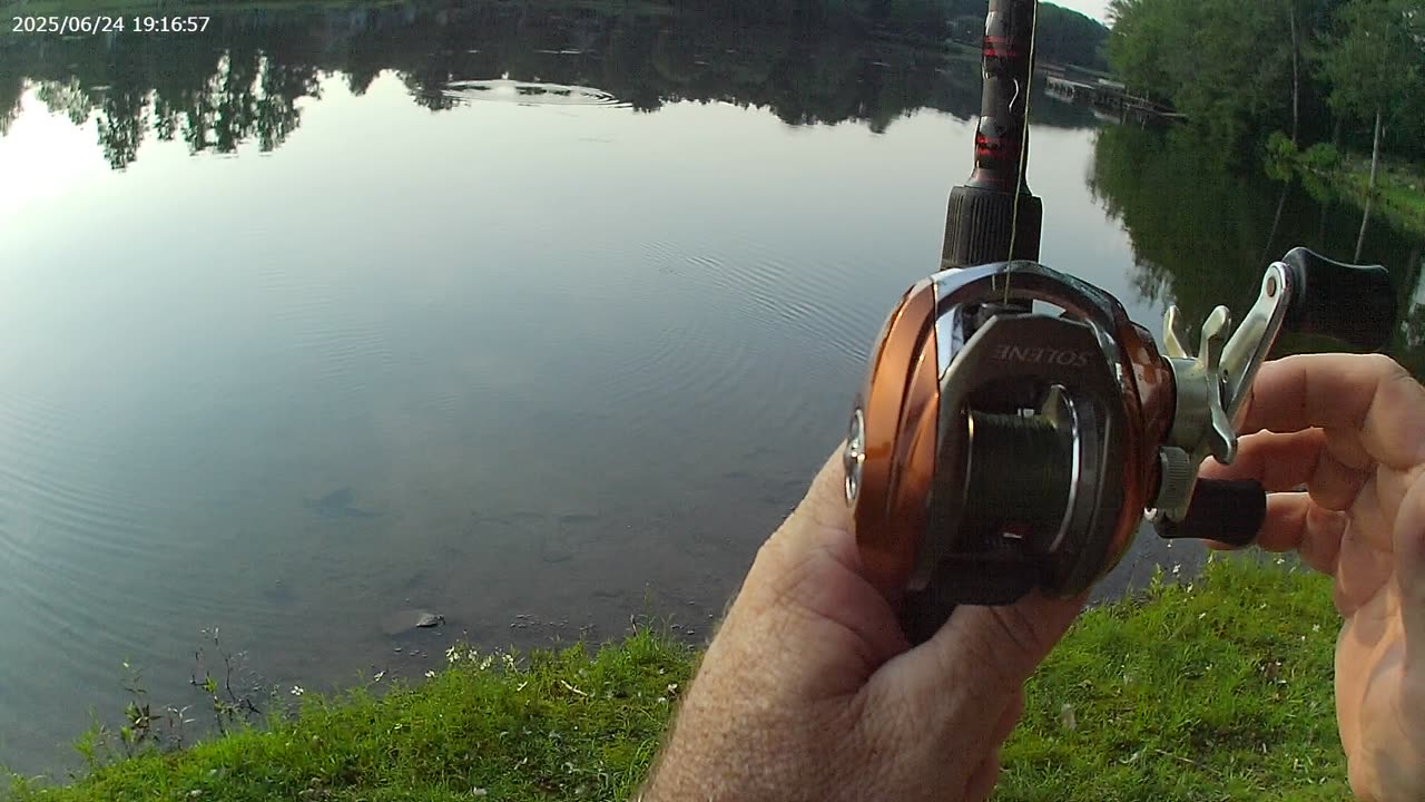 About a 2# bass hooked just while someone in a house behind me blows a trumpet!