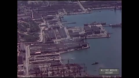 Aerial views of beached and sunken Japanese ships in Kure - May 1946