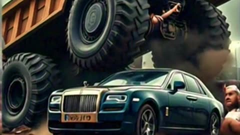 A heavy truck runs over a luxury car