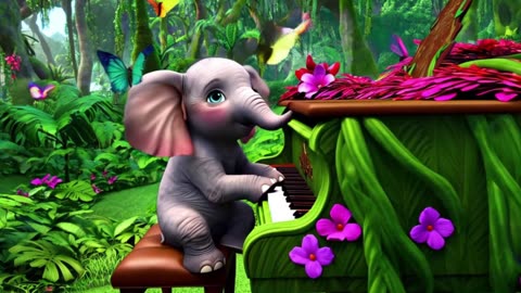 Adorable Baby Elephant Plays Piano in Jungle Concert with Butterflies