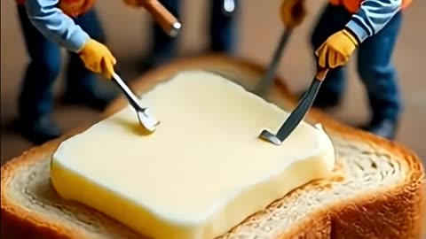 Tiny Workers Carving Butter on Giant Toast