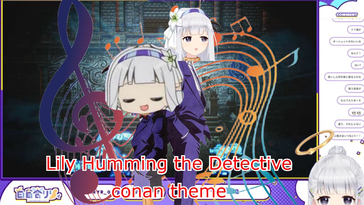 vtuber Shirayuri Lily vibing and humming the detective Conan theme - OCTOPATH TRAVELER II