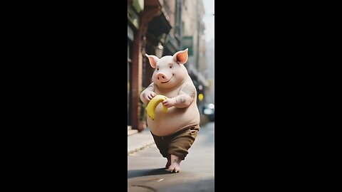 A pig eat banana on the road the cat down
