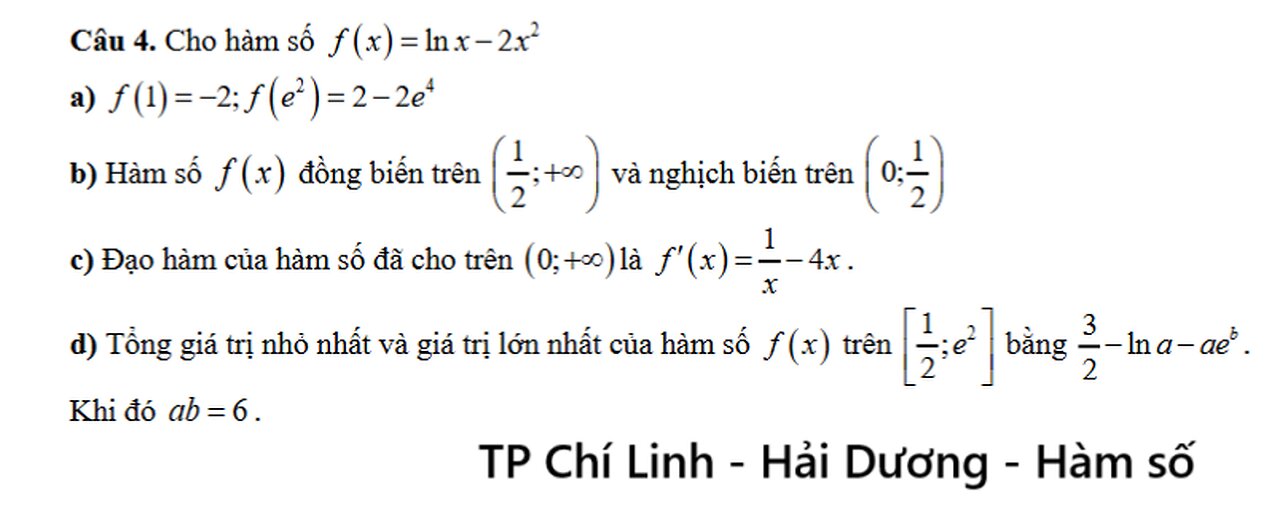 TP Chí Linh (Hải Dương): Cho hàm số y=f(x) = lnx - 2x^2