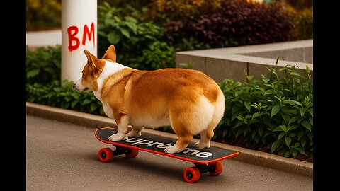 Corgi Shreds the Streets on a Supreme Skateboard