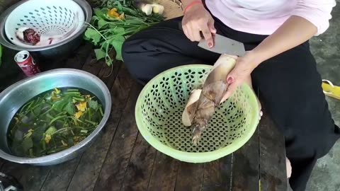 Farmer cooking - Cook Bamboo with fish soup