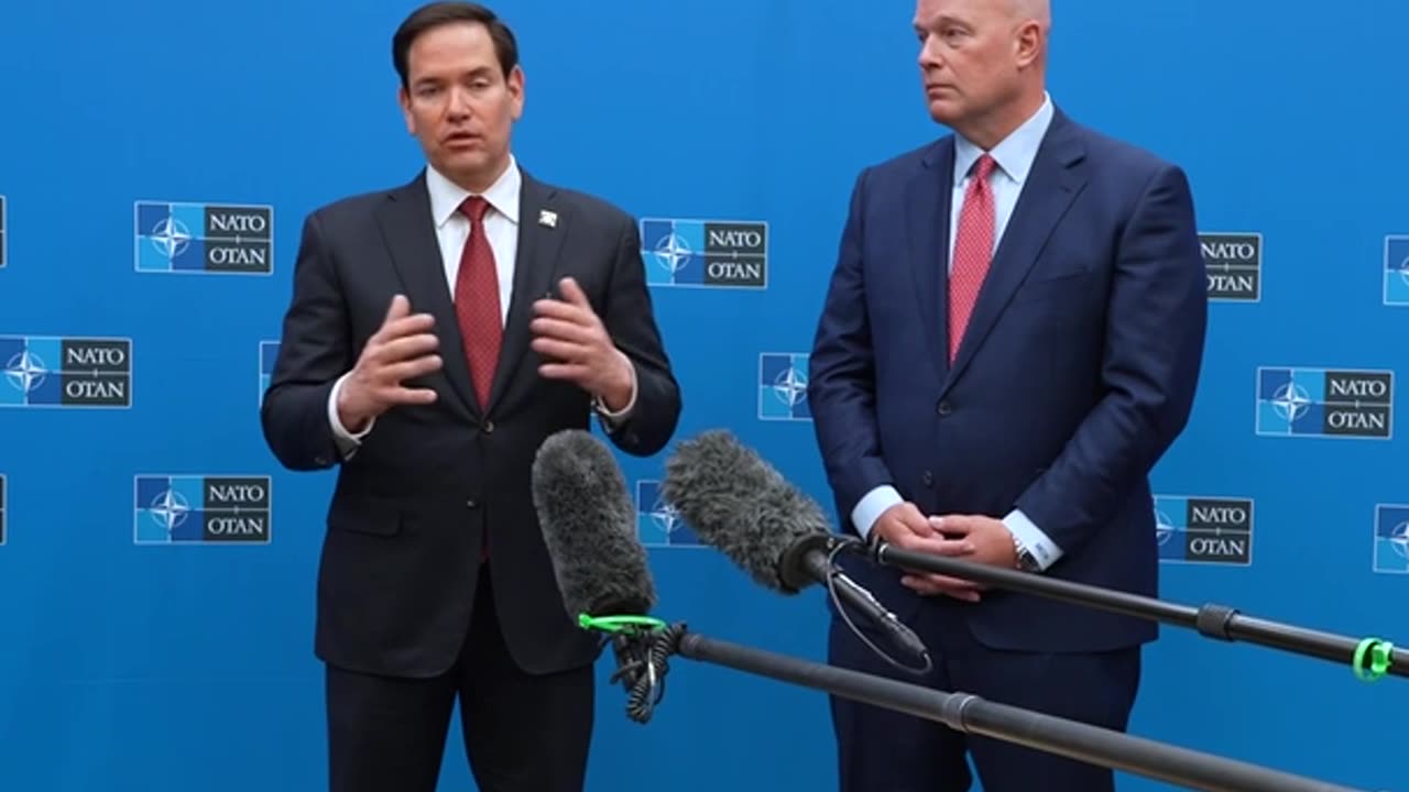 Secretary of State Marco A. Rubio delivers remarks to the press in Brussels, Belgium.