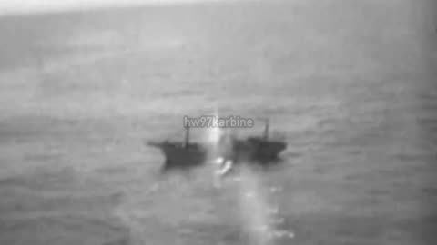 US Navy patrol aircraft strafing Japanese shipping in the Yangtze river in July 1945