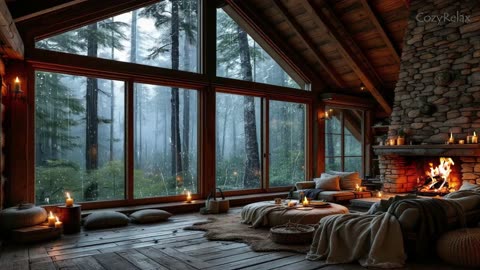 Cabin in the Forest with Rain and Fireplace – Relaxing Ambience