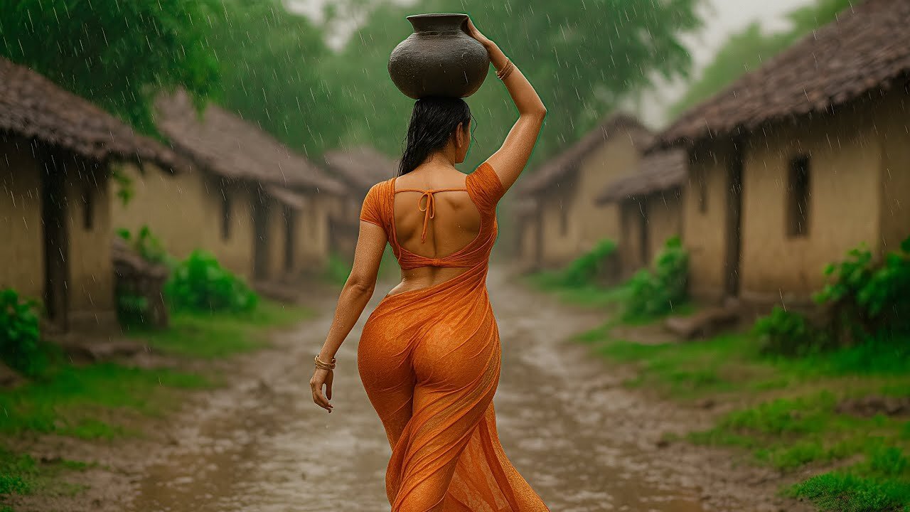 Village Girl Walking in Rain 🌧️ _ Rain + Village + Beauty _ Realistic CGI Village Girl Scene