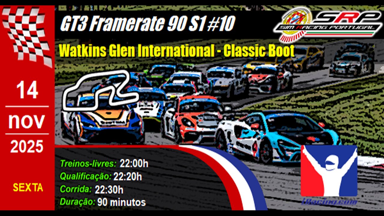 🇵🇹 [iRacing Live] 🇵🇹 GT3 Framerate 90 S1 @ Watkins Glen International - Classic Boot