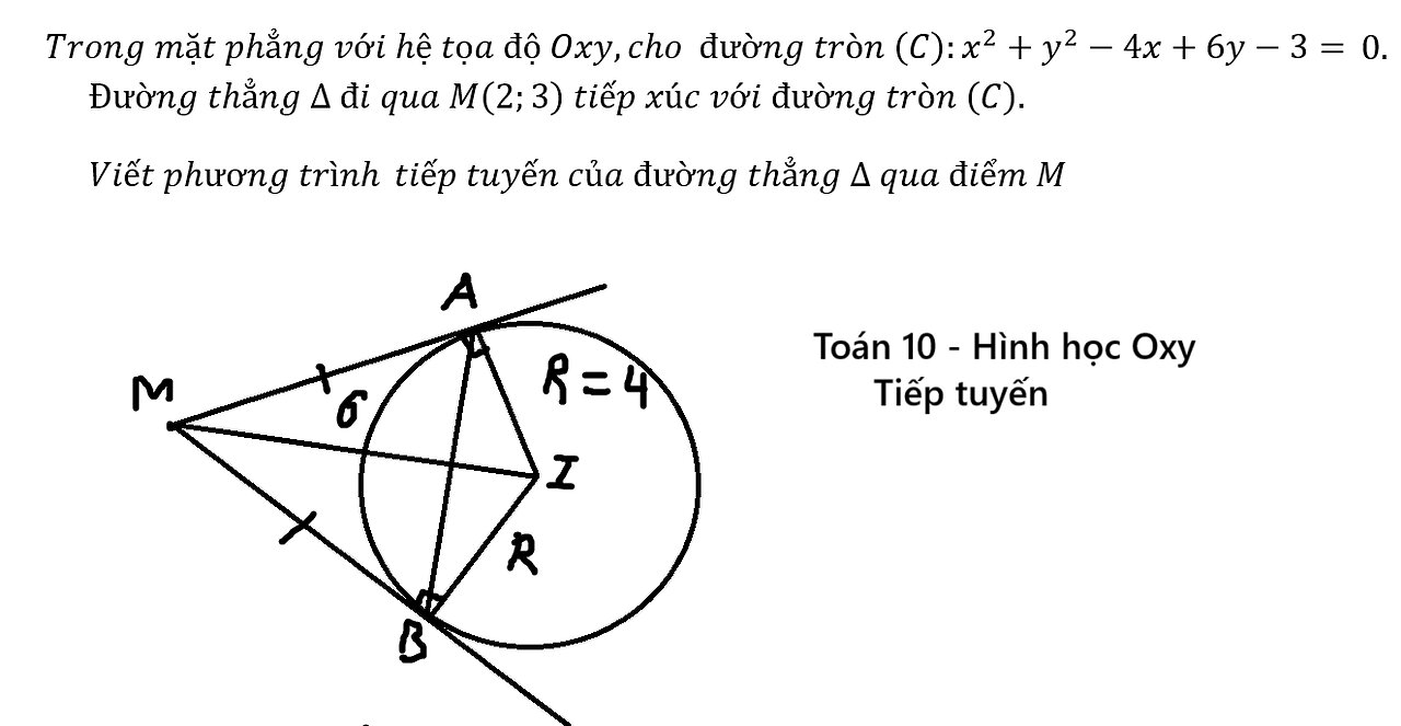 Toán 10: Tiếp tuyến: Trong mặt phẳng với hệ tọa độ Oxy, cho đường tròn (C):x^2+y^2-4x+6y-3=0.