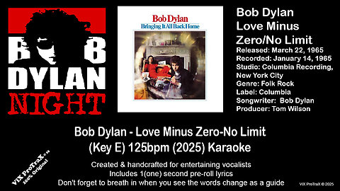 Bob Dylan - Love Minus Zero-No Limit (Key E) 125bpm (2025) Karaoke