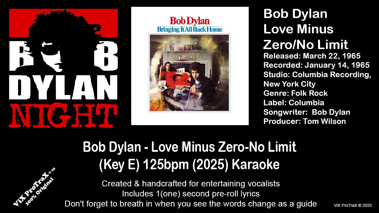 Bob Dylan - Love Minus Zero-No Limit (Key E) 125bpm (2025) Karaoke