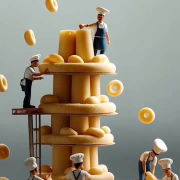 Miniature people working standing on top of a tower of pasta🍲🥘 #miniatures #fo