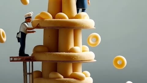 Miniature people working standing on top of a tower of pasta🍲🥘 #miniatures #fo