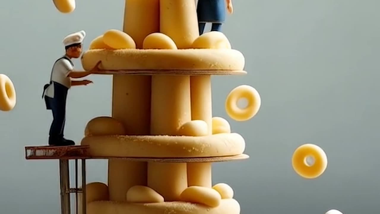 Miniature people working standing on top of a tower of pasta🍲🥘 #miniatures #fo