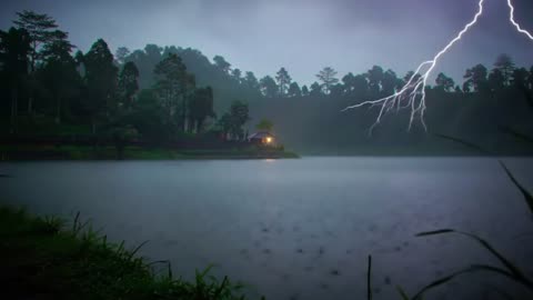 Serene Lake on a Rainy Night
