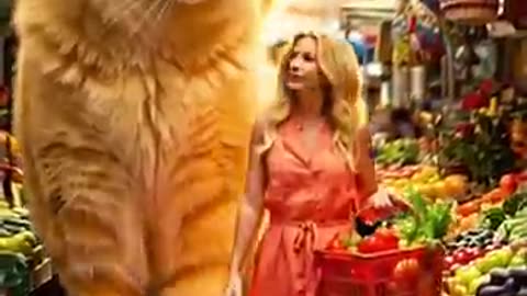 cute cat, dog walking in the market with pretty lady🐈🐕
