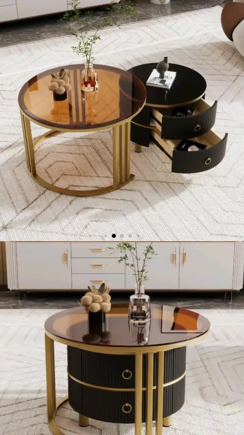 2-in-1 Round Coffee Table Set—High-Gloss & Tempered Glass Luxury for an Elegant Room Upgrade