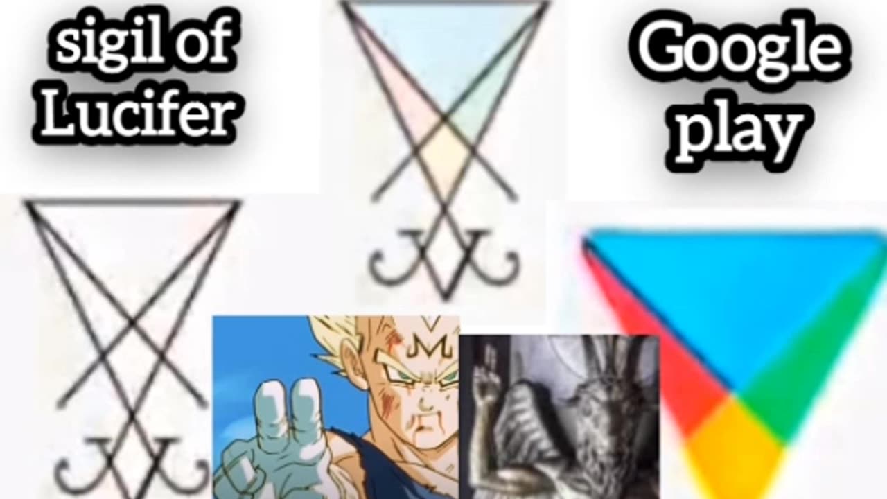 Google play logo, sigil of Lucifer, and "majin" Vegeta