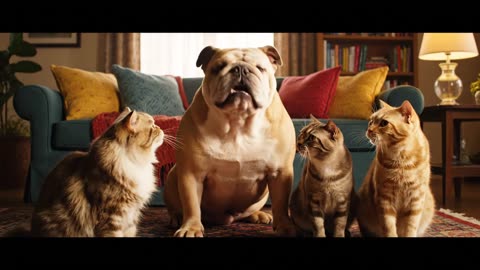 AI Video: A bulldog telling cats how to bark
