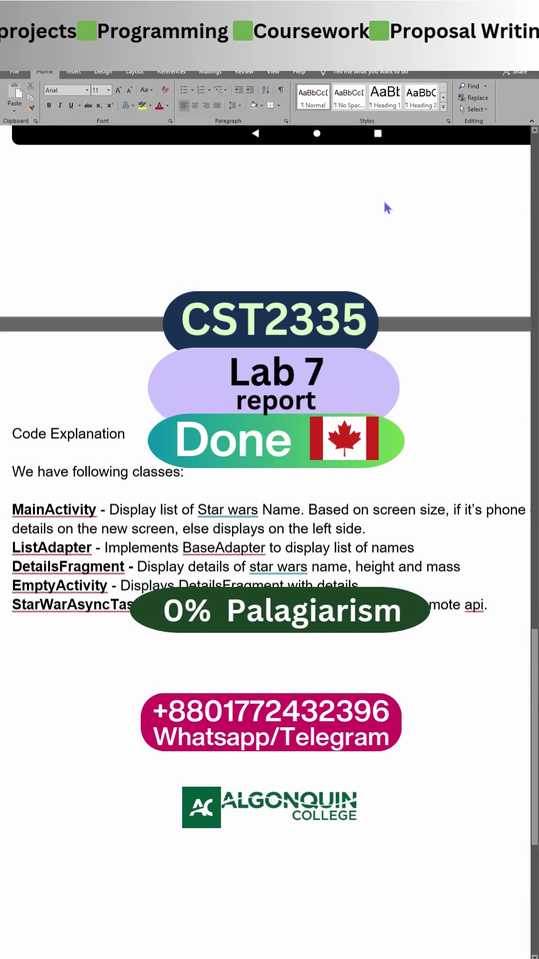 Student Work (lab) | CST2335 Lab 7 Report | Star Wars API App | Algonquin College